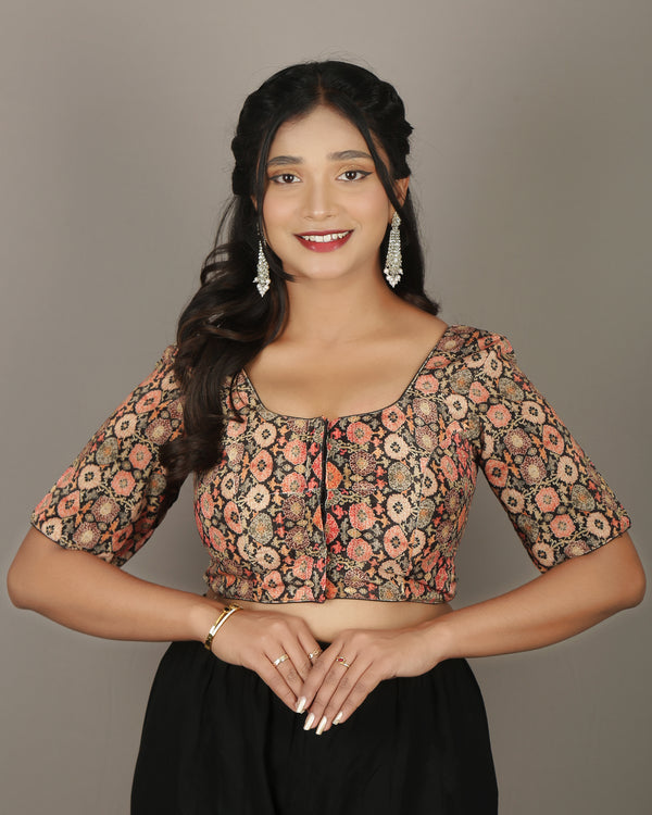 VELVET DOWN NECKLINE FLORAL PRINT Blouse Design